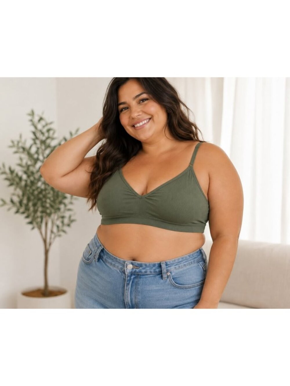 Army Green Ribbed Bralette 4XL Wireless Seamless Comfort Bra Adjustable Straps